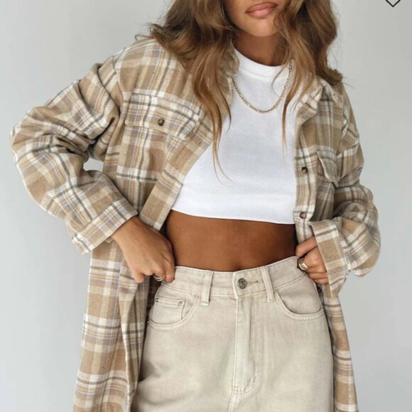 princess polly // brown mila shacket button down top 4 - Picture 1 of 6